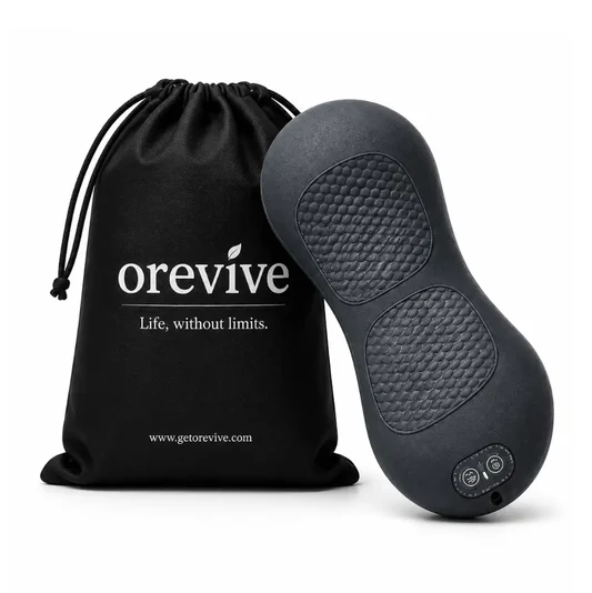 Orevive SpineEase grey lower-back massager beside its black Orevive drawstring travel bag